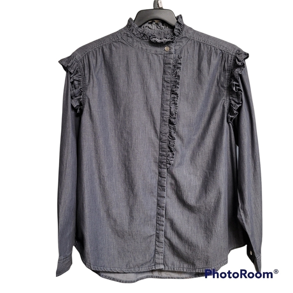 Elan Washed Grey Chambray Long Sleeve Ruffled Button Down Top Womens Size Medium